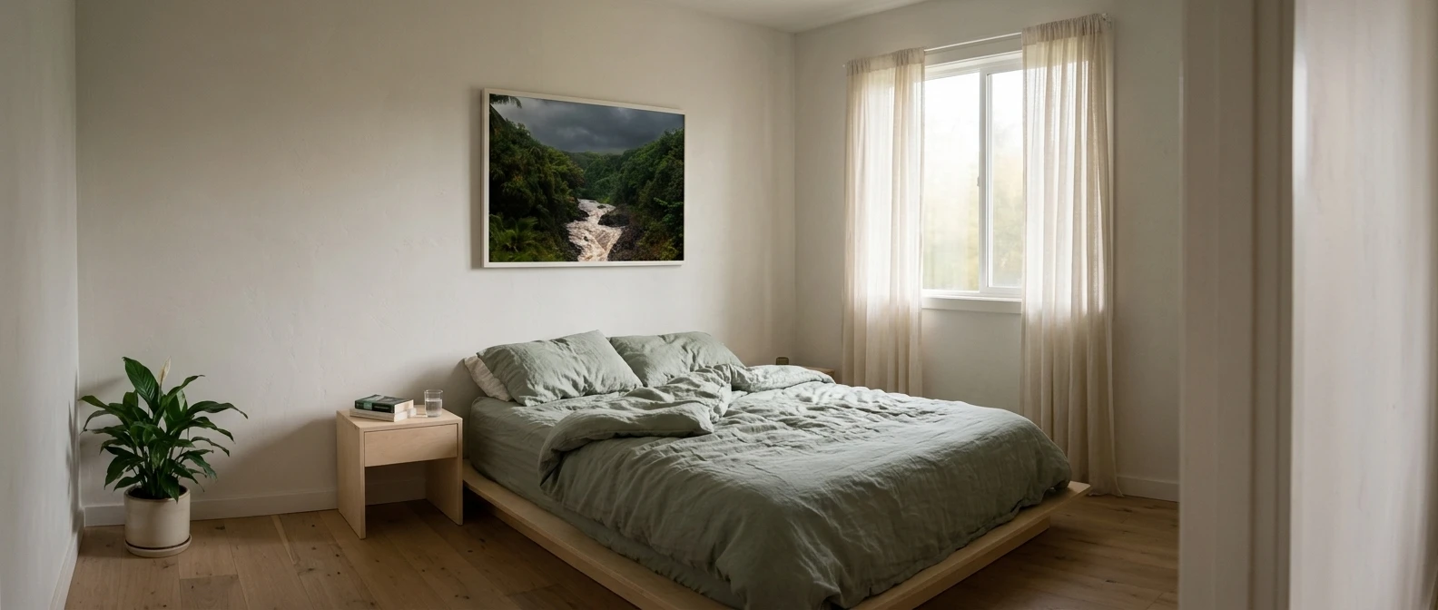 A small bedroom in early morning light: a low bed with washed sage-green linen bedding, pale wood bedside table, and soft grey-gold light filtering through sheer curtains onto matte walls, with a single leafy plant in the corner and plenty of empty space.  Please include the reference image as a pho