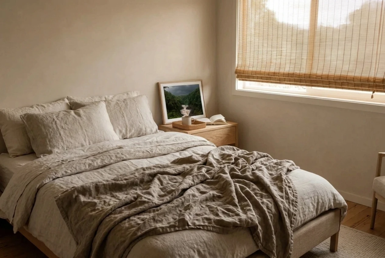Close view of the foot of a bed with a rumpled linen throw, beside a small rattan tray on a light wood bedside table and a bamboo roman shade filtering sunlight, in warm neutral tones. Please include the reference image as a photo displayed in the bedroom.