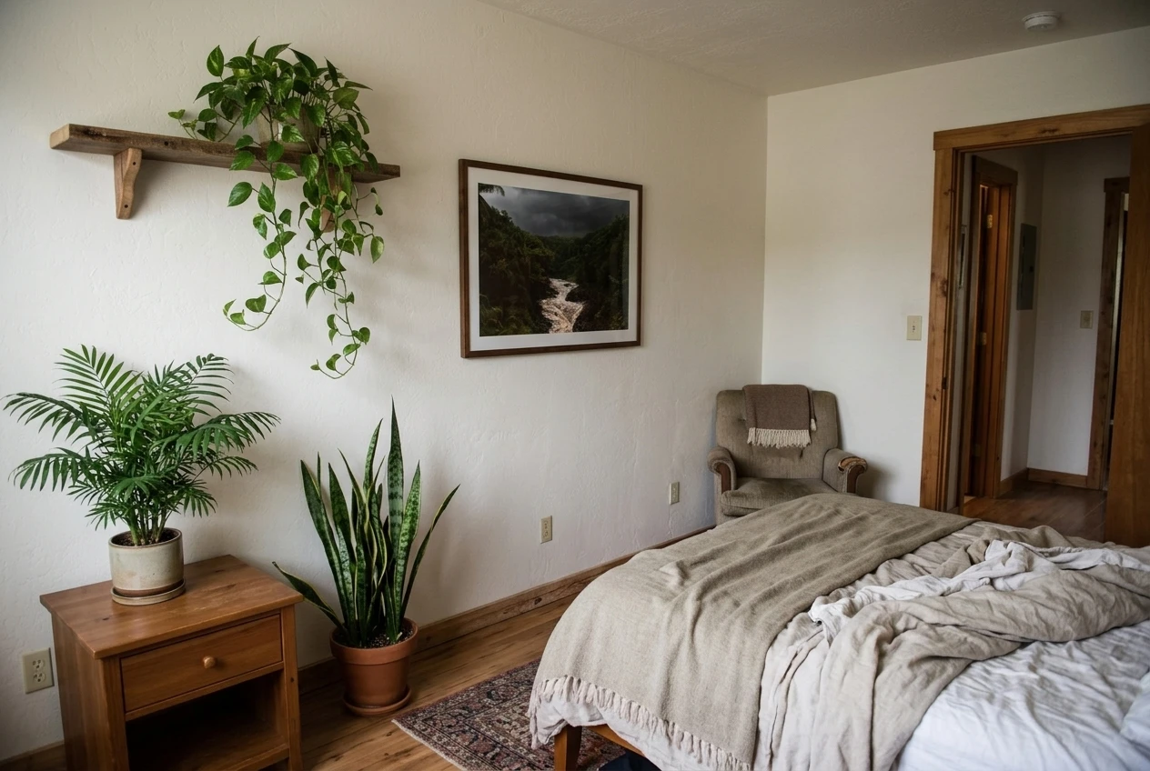 A corner of a small bedroom with three plants at different heights: a tall snake plant on the floor, a parlor palm on the bedside table, and a pothos trailing from a high shelf, each with clear air around it, in soft daylight. I do not want to see the head of the  bed, please provide an angle that s