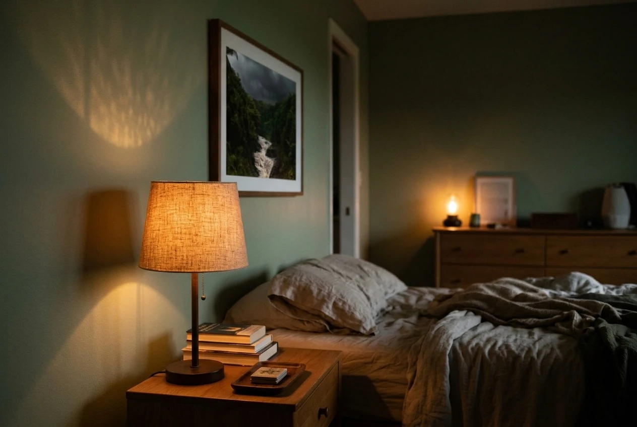 A bedside lamp with a woven linen shade glowing amber in a dim evening bedroom, casting a faint dappled pattern on a sage-green wall, with a small warm lamp on a dresser in the background. Please include the reference image as a photo displayed in the bedroom.