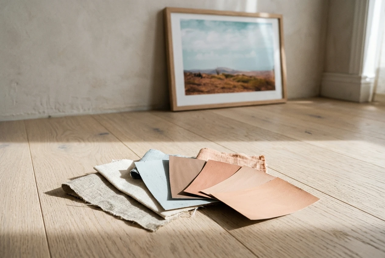 Paint and fabric swatches fanned out on a pale oak floorboard in morning window light: chalky grey-leaning sky blues beside matte, brown-tinged clay and peachy terracotta tones, a few overlapping so the pairing can be compared.  please include the referenced image as the wall are.