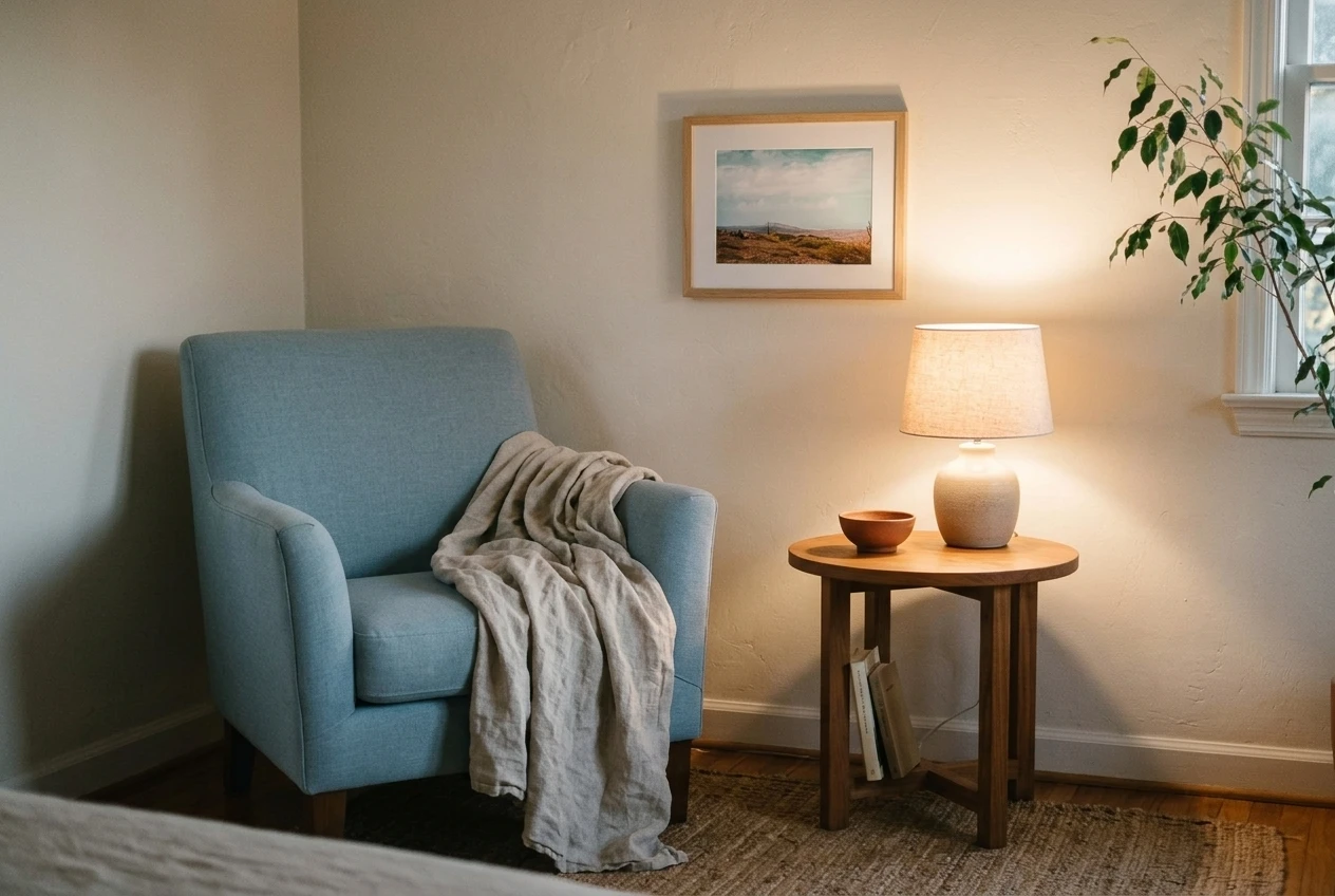 A small reading corner with a pale blue armchair, a small round wooden side table holding a terracotta bowl and a lamp, and a small framed desert print hung to the side of the chair on a warm white wall, soft lamplight, a rumpled linen throw on the seat.  please include the referenced image as the w