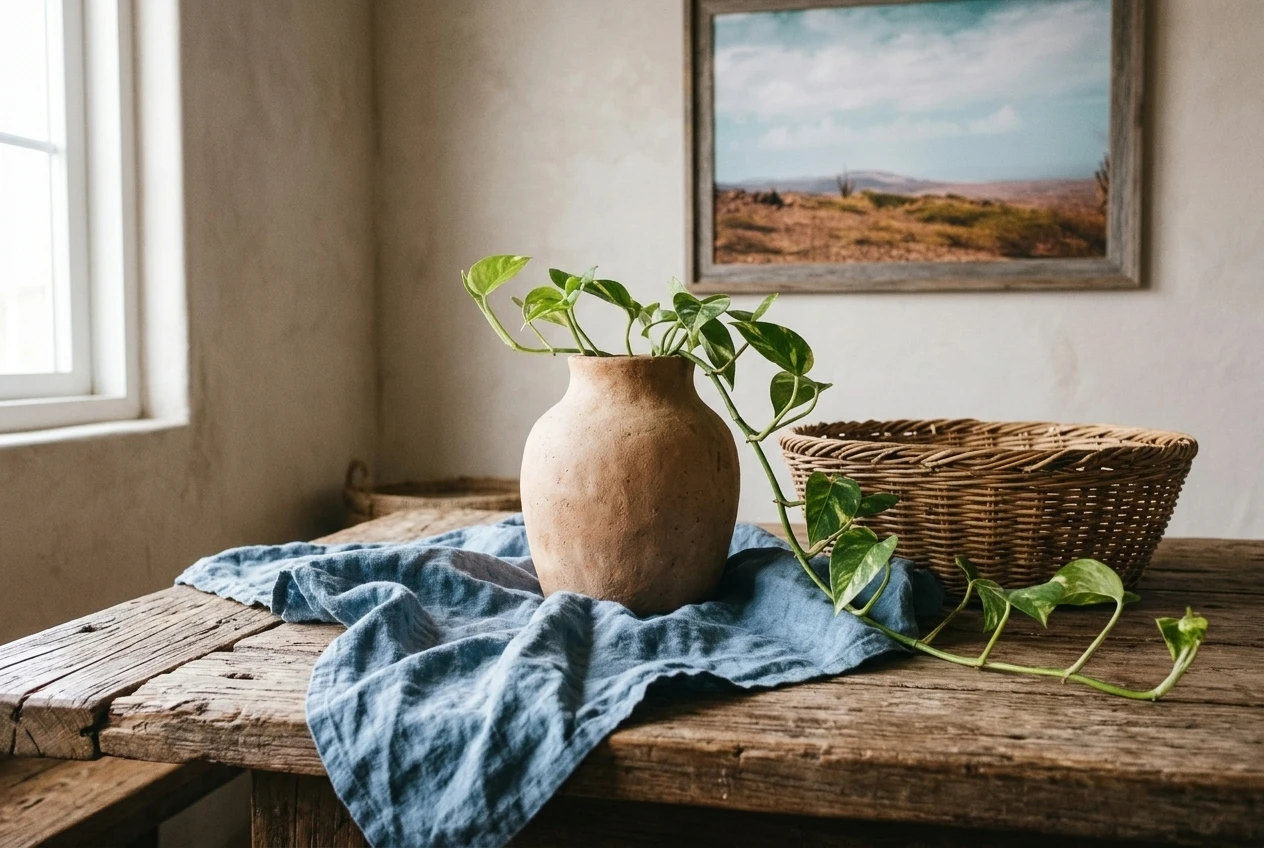 A close arrangement of textures on a weathered wood coffee table: a rumpled blue linen cloth, a handmade unglazed clay vase with slight irregularities, a woven rattan basket, and a trailing pothos leaf, lit by soft side light from a window.  please include the referenced image as the wall art.