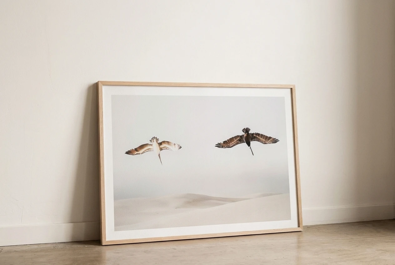 Close view of a large muted print of fog over a pale sand dune with soft gradients and plenty of empty space, leaning against a plain warm-white wall, in gentle grey and cream tones. please include the referenced image as the wall art.