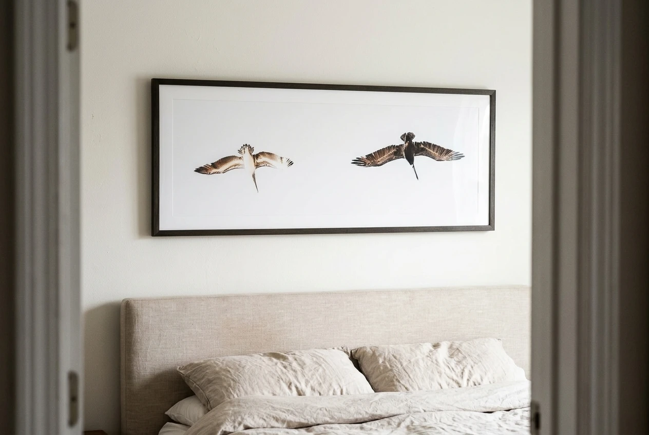 A large frame hung on a pale wall above a low upholstered headboard, with a visible gap of a few inches between headboard and cardboard, seen from the doorway in soft daylight.please include the referenced image as the wall art, it is long but not very tall.